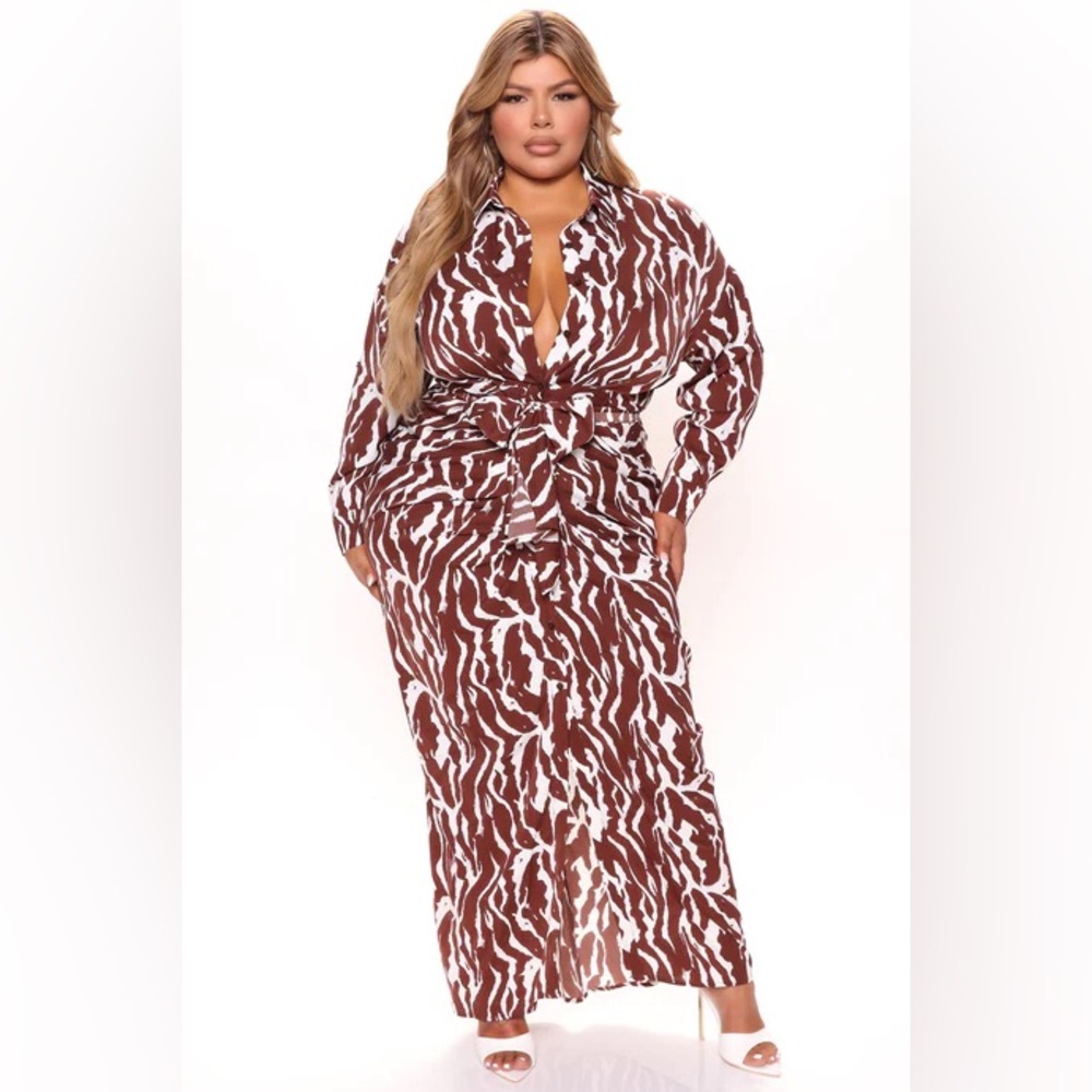 Plus Size Brown & White Animal Print Tie-Waist Maxi Dress